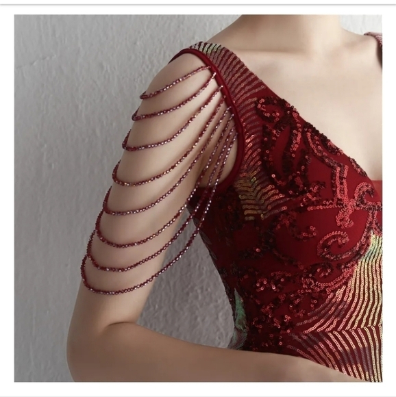 WIne Red, Floral, Sleeveless, Round Back, V Neck, Sequined Mermaid Gown - Picture 10 of 16